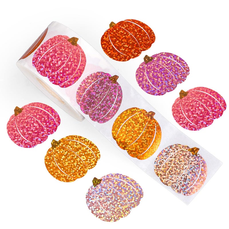 Whaline Fall Thanksgiving Pumpkin Stickers Roll Laser Pink Orange Pumpkin Shape Seal Stickers Waterproof Self-Adhesive Decals for Envelope Scrapbook Autumn Party Supplies, 500 Pcs - Image 1